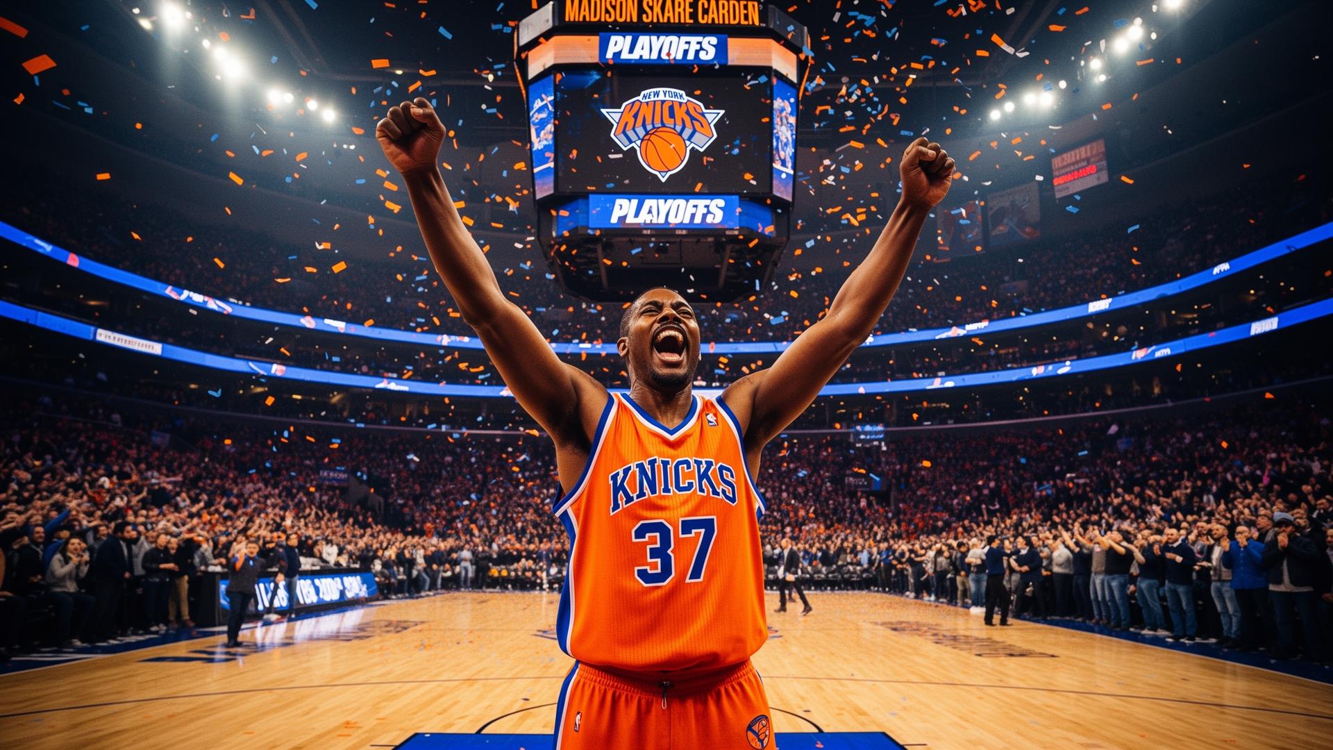 NY Knicks fan in orange and blue jersey celebrating at Madison Square Garden