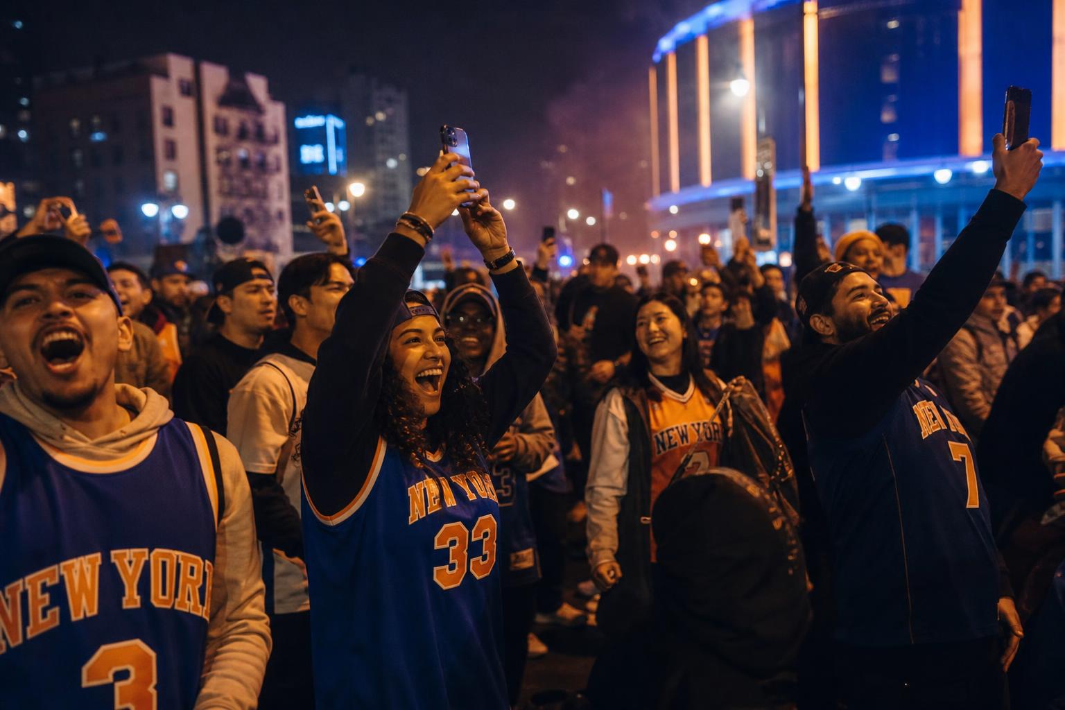 Madison Square Garden glowing on a New York City night during the 2026 NBA Finals, Knicks fans walking toward the arena
